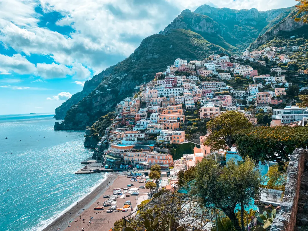 Mountains at Positano and Blue Mediterranean Sea in Italy